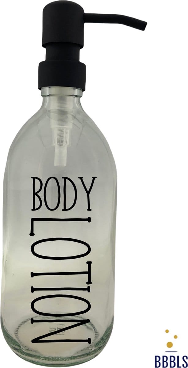 BBBLS® Design Dispenser "Bodylotion" | Transparant Glas | 500ml | RVS / Metaal Pomp Zwart | Zeeppomp | Zeepdispenser | Zeephouder
