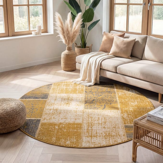 Fraai Rond patchwork vloerkleed - Spring Okergeel/Taupe - Ø 100cm