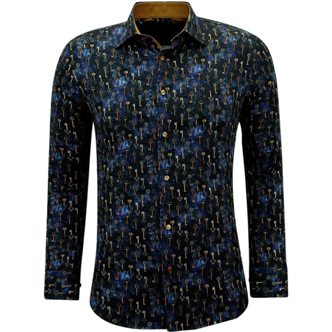 Overhemden Heren Lange Mouwen met Print - 3144 - Blauw