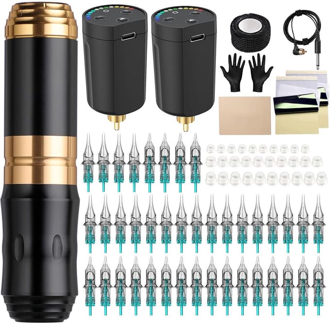 CLVP® Tattoo Machine met Accessoires - Tattoo kit Draadloos - Complete Set - Zwart en Goud