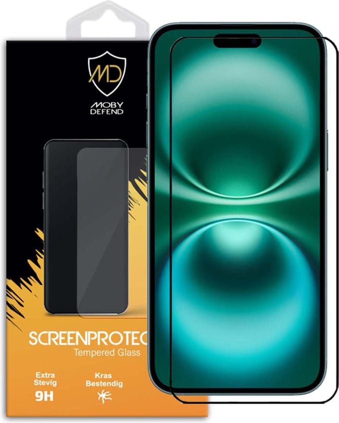MobyDefend Screenprotector - Geschikt voor iPhone 16 Plus - Screensaver Met Zwarte Randen - Gehard Glas