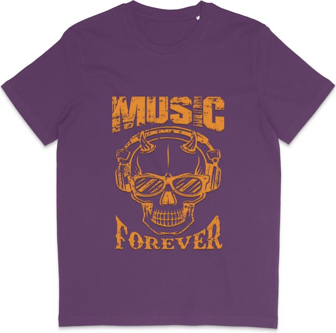 Heren Dames T Shirt - Skull Print - Quote Music Forever - Paars - M