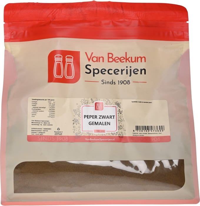 Van Beekum Specerijen - Peper Zwart Gemalen - 1 KG (hersluitbare stazak)