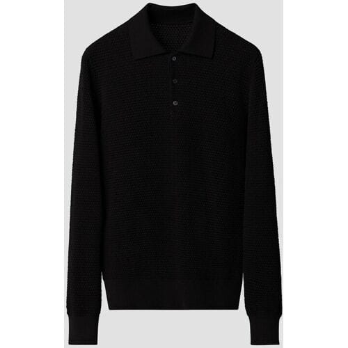 Eton Trui Structure Knit Polo Pullover Extrafine Merino Zwart / male