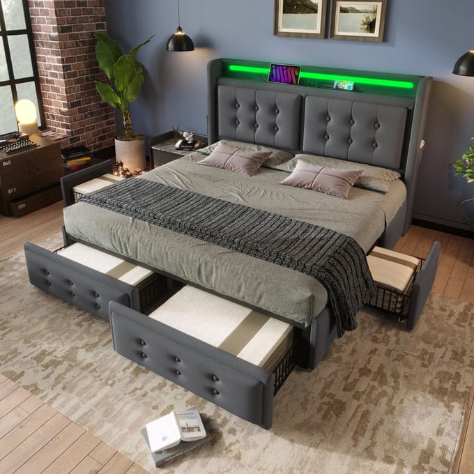 MODFU Bedframe 160x200 cm – Grijs katoen-linnen met 4 lades & LED – Laadstation