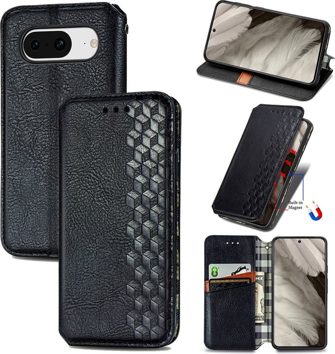 Luxe PU Lederen Ruitpatroon Wallet Case + Glas Screenprotector voor Pixel 8 _ Zwart