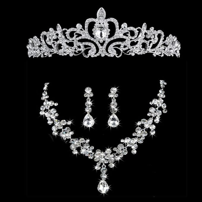 Collier de Mariée Tiare Ensemble Trois Pièces Couronne Accessoires de Mariage Bijoux gray