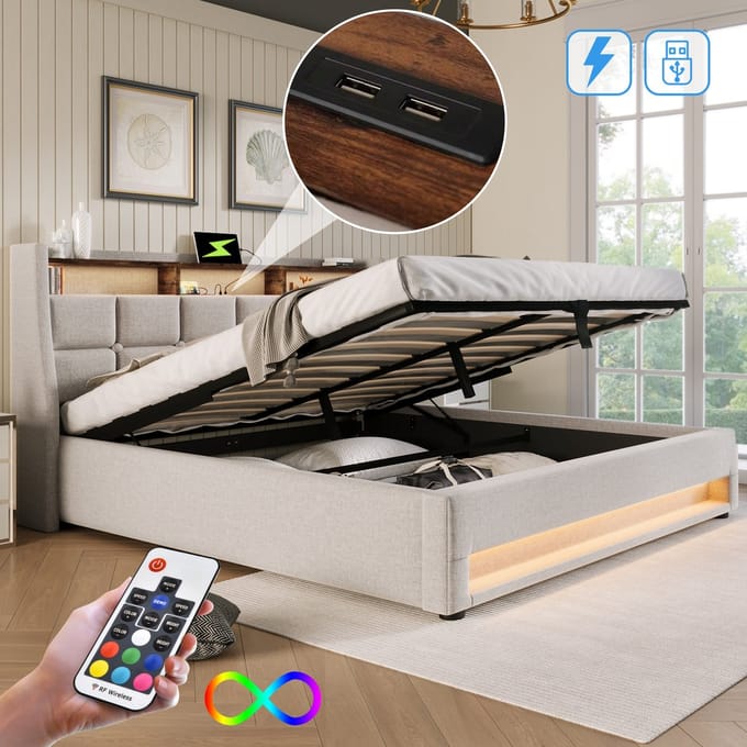 linnen gestoffeerd bed-Opbergruimte-140x200-Beige-Gestoft bed met USB-LED (Zonder matras)