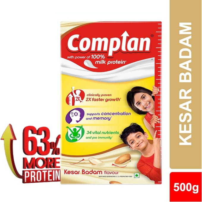 Complan Kesar Badam Voedingsdrankpoeder voor Kinderen 500 g Karton met Gratis Shaker, Eiwit & 34 Voedingsstoffen yellow