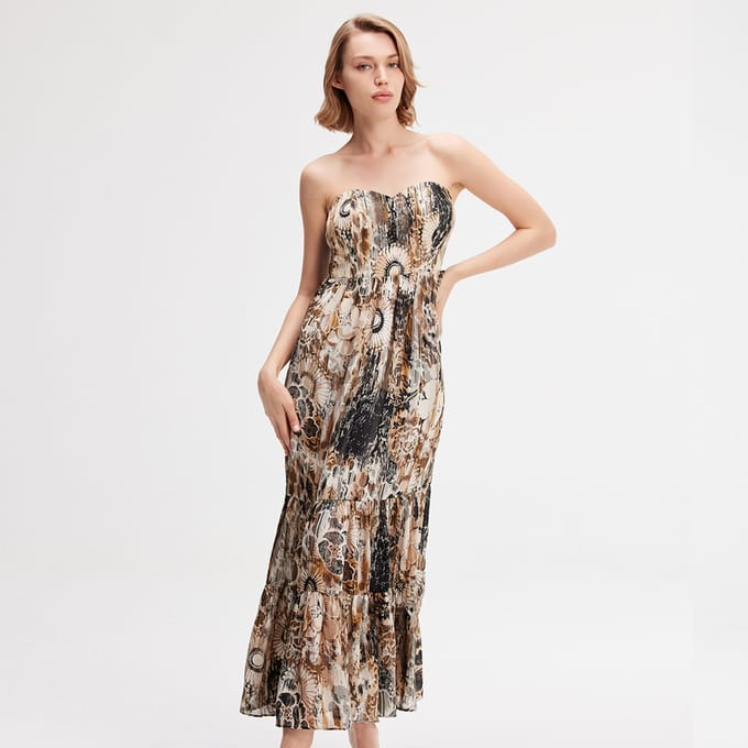 Bustier Chiffon Maxi -jurk met abstracte bloemenprint