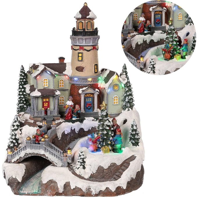 Cheqo kerstdorp met draaiende kerstboom - LED licht - 26x28x35 cm