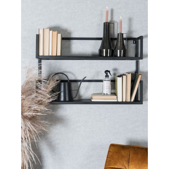 Wandplank Vintage Zwart Mangohout - Duo - Industriële Wandplank van Mangohout met Stalen Frame