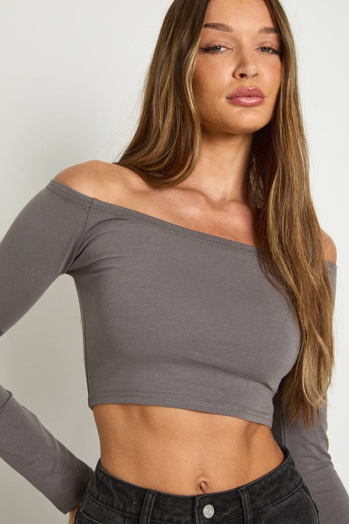 Dames Boohoo Basics Off-Shoulder Lange Mouw Top | Charcoal | Maat: 14