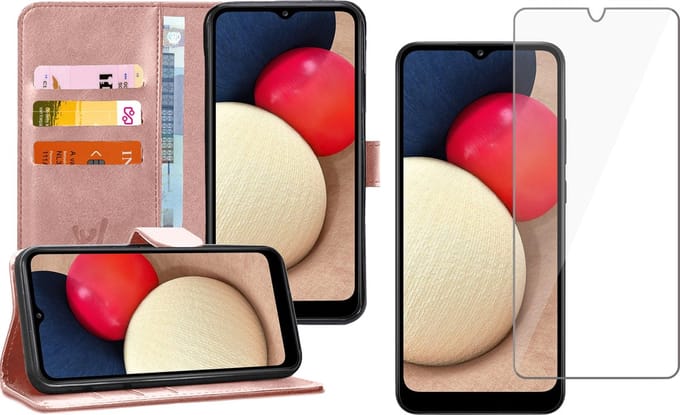 Hoesje geschikt voor Samsung Galaxy A02s - Screen Protector GlassGuard - Book Case Kunstleer Pasjeshouder Rosegoud & Screenprotector