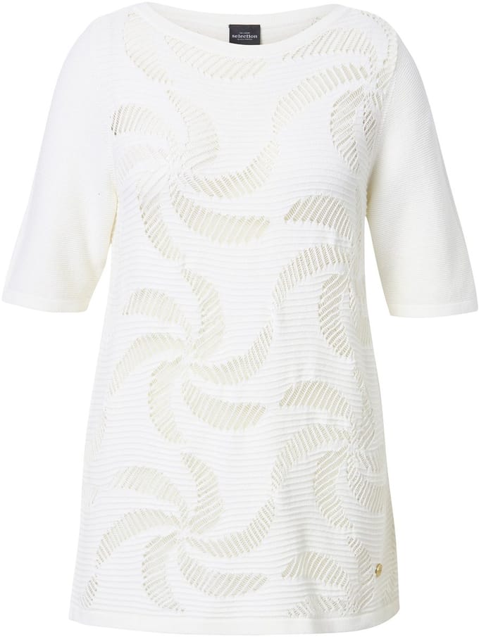 Ulla Popken - Dames - Trui bloemen boothals halve mouwen - Sneeuwwit - Maat 46+