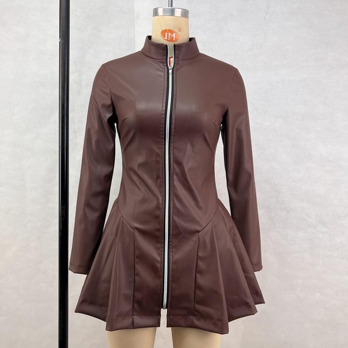 Dames Decoratieve Lange Mouw Geplooide Rok PU Leer Rits Jurk L bruin