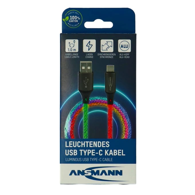 Ansmann USB-C kabel met LED verlichting - kleurrijke oplaadkabel 100cm.