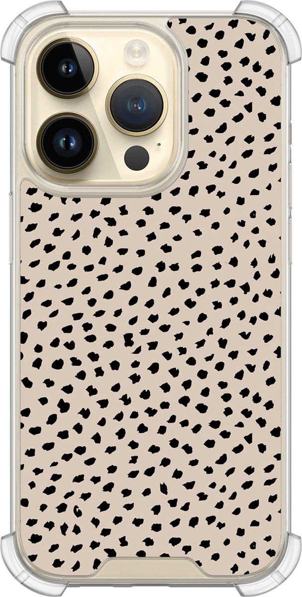 Shockproof hoesje - Geschikt voor iPhone 14 Pro - Almond dots - Extra sterke case - TPU/polycarbonaat - Gestipt - Beige, Transparant