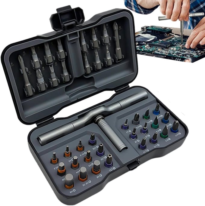 Ratelschroevendraaier Set - Precisie Bits - Klusjes Thuis - Ingebouwde Magneet - 38 Delig - Grijs