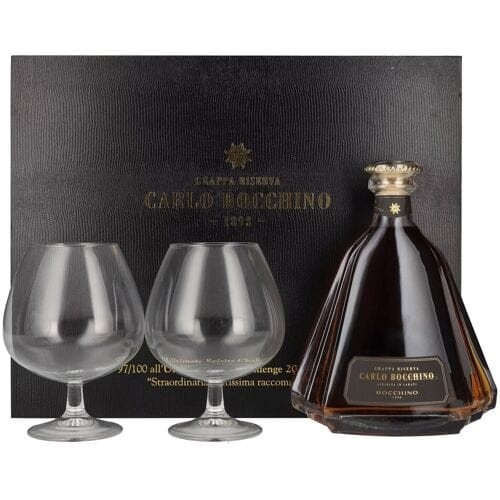 Carlo Bocchino Grappa Riserva 43% Vol. 0,7l in geschenkverpakking met 2 Bril