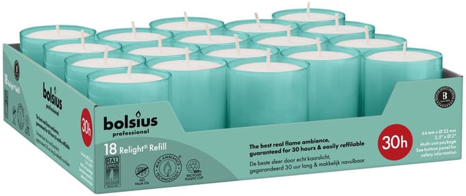 Bolsius Horeca Relight Navullingen 64/52 Aqua (18 stuks)