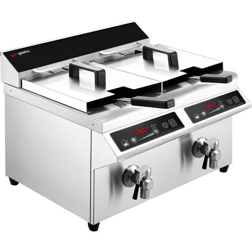 GGM Gastro Induktions-Doppelfritteuse - 8+8 Liter - 7 kW - Ablasshahn Zilver