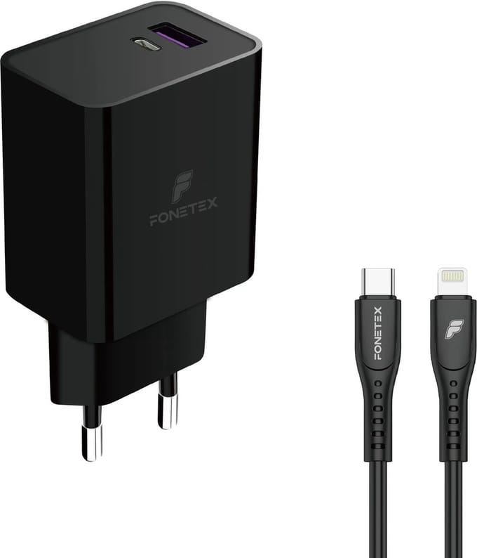 FoneTex - Oplader - USB-C Snellader - USB - 20W - Quick Charge 3.0 - Zwart - Type-c to 8-pin