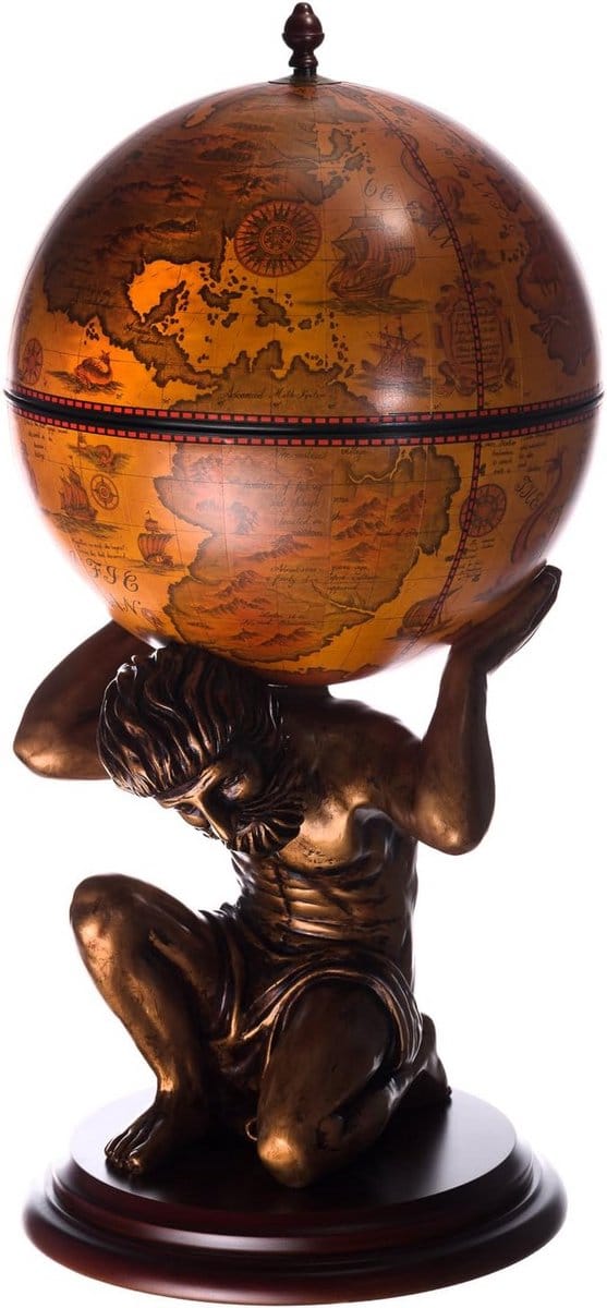 Grote Wereldbol Barwagen Antiekrood - 100cm Hoge Globe Bartafel met Eucalyptushouten Bodem