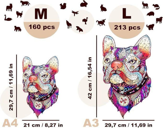 602250 - Puzzle en Bois Animaux : Chien A3 - 213 pcs - Formes uniques - Puzzle Adultes - Boite cadeau - Dès 12 ans.
