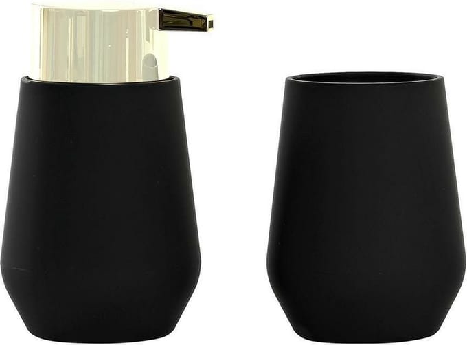 Items Zeeppompje/dispenser - met tandenborstelhouder - kunststof - zwart/goud - 9 x 15 cm