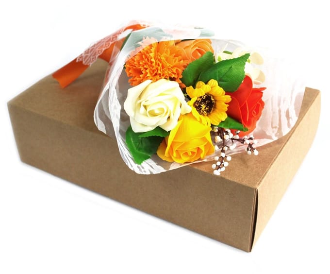 Zeep Bloemen Boeket in Doos - Oranje