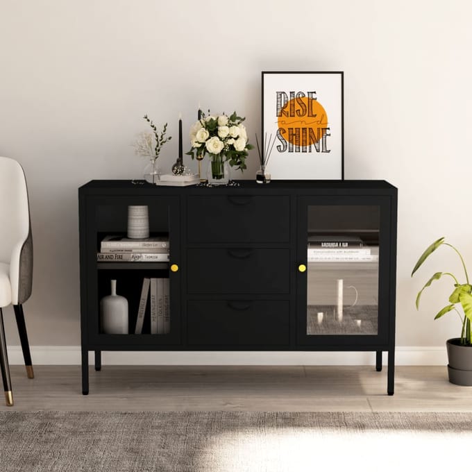 vidaXL - Dressoir - 105x35x70 - cm - staal - en - gehard - glas - zwart