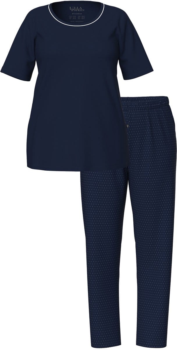 Ulla Popken - Dames - Pyjama tweedelig stippen korte mouw - Nachtblauw - Maat 66+
