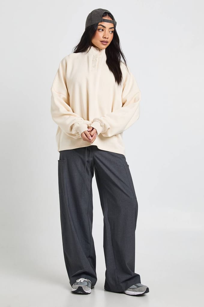 boohoo Dames Funnel Neck Henley Sweatshirt | Creme | Maat: Small