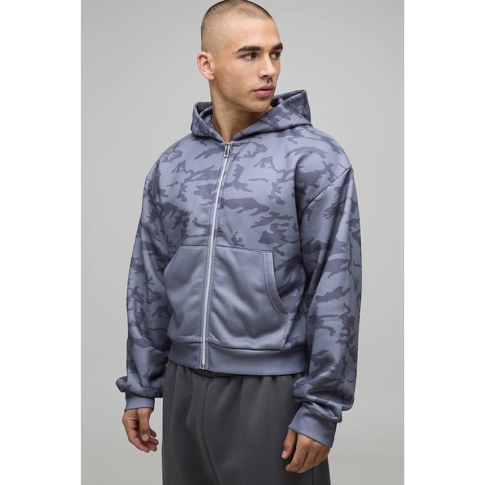 Ingekrompen Pasvorm Camo Print Doorlopende Rits Hoodie | Black | Size Medium