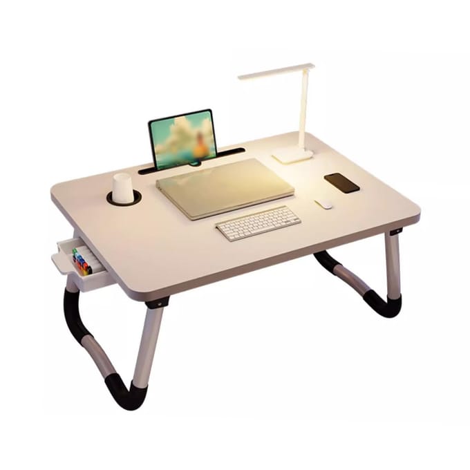 Laptop Bed Bureau Opvouwbaar Draagbaar Bedtafel Dienblad Standaard met Bekerhouder Lade voor Bank Vloer beige