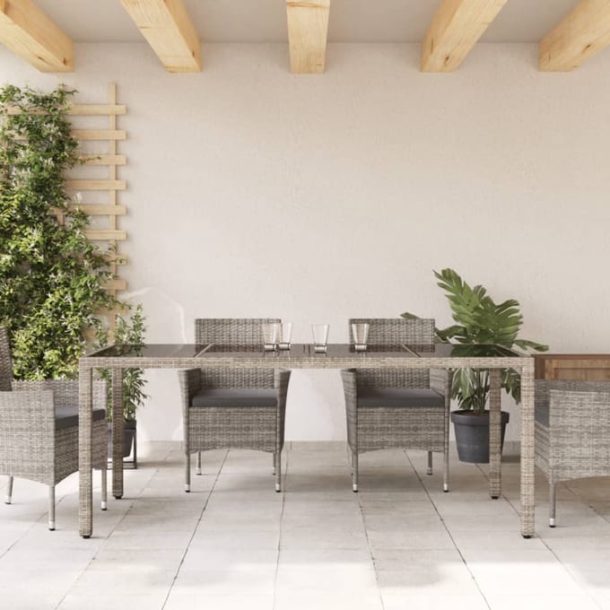 vidaXL - Tuintafel - met - glazen - blad - 190x90x75 - cm - poly - rattan - grijs