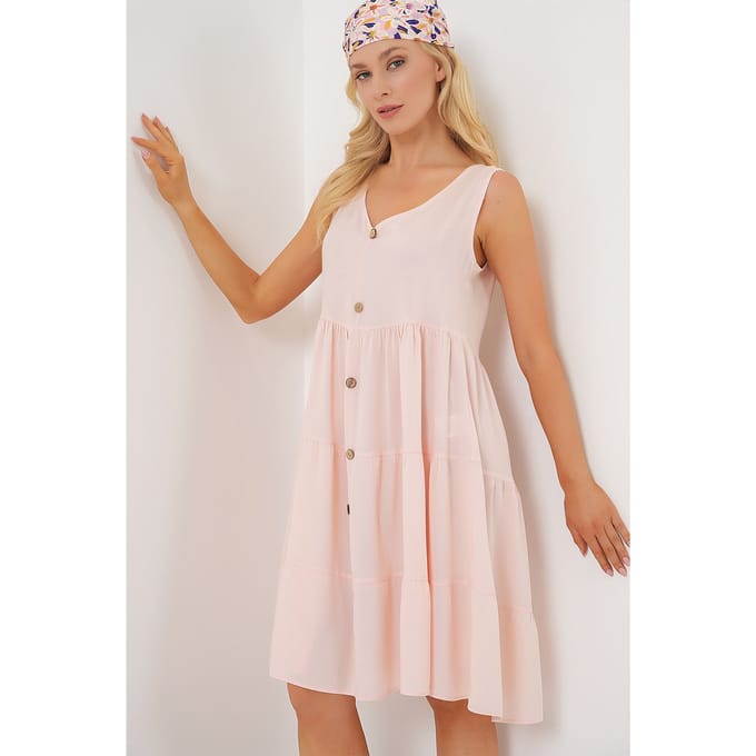V-hals Mouwloze Mini Jurk met Knopdetail