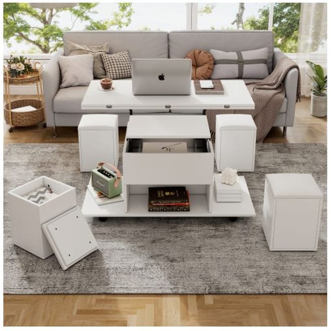 Table basse relevable multifonctionnelle - MUVOE - Bureau 2 tables - Blanc - Grande capacité - Design moderne blanc