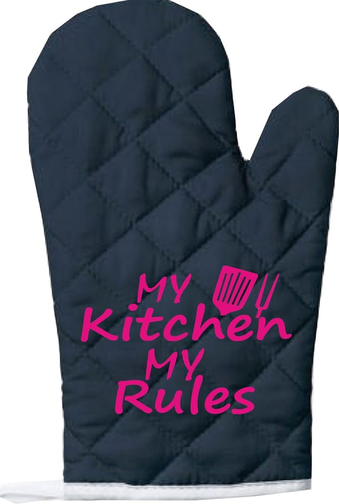 EIZOOK Functionele Ovenwant- Navy Blauw met Roze Opdruk My Kitchen My Rules