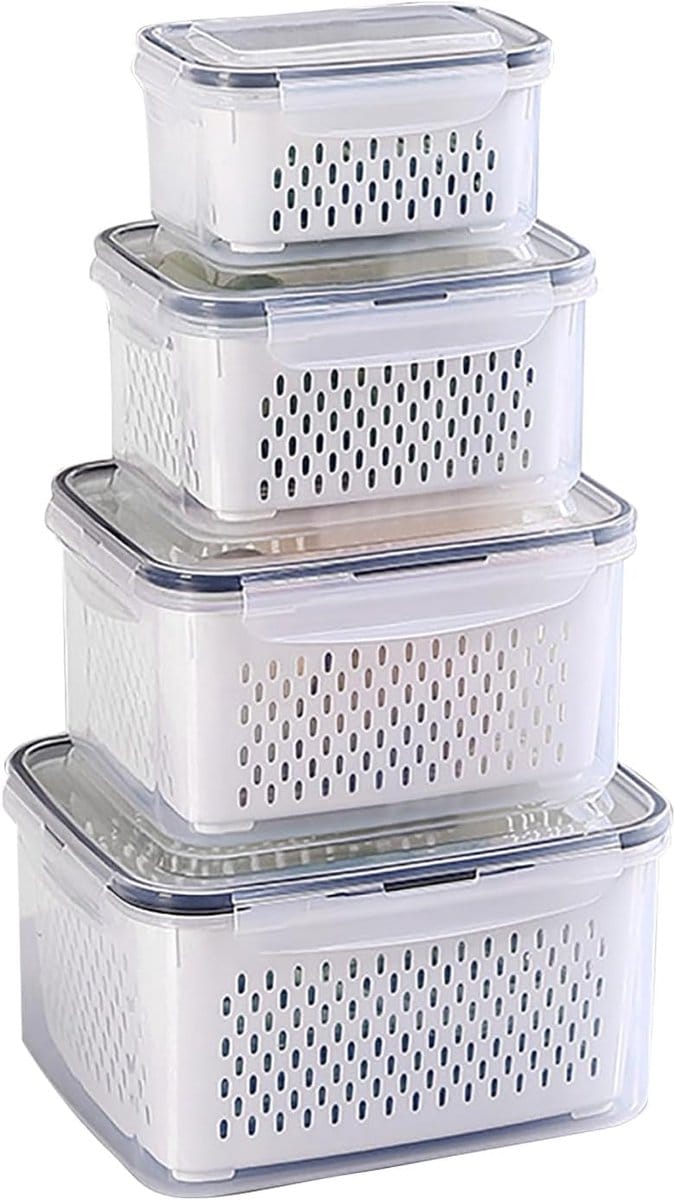 Koelkastorganizer, vershouddozen set met deksel en scheidbare zeef, vershouddozen voor fruit, groenten, salade, bessen, eieren, aardappelopslag