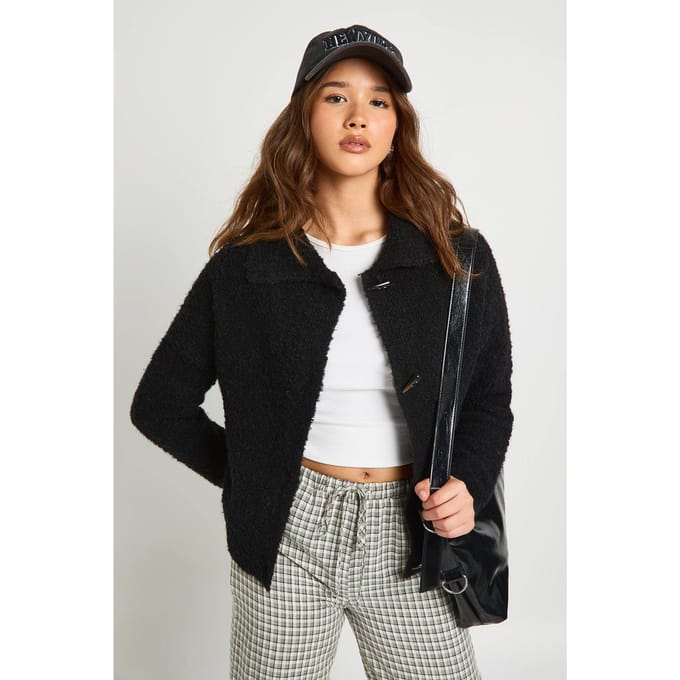 boohoo Dames Overdimensionale boucle gebreide trui met toggleknopen | Black | Maat: Medium