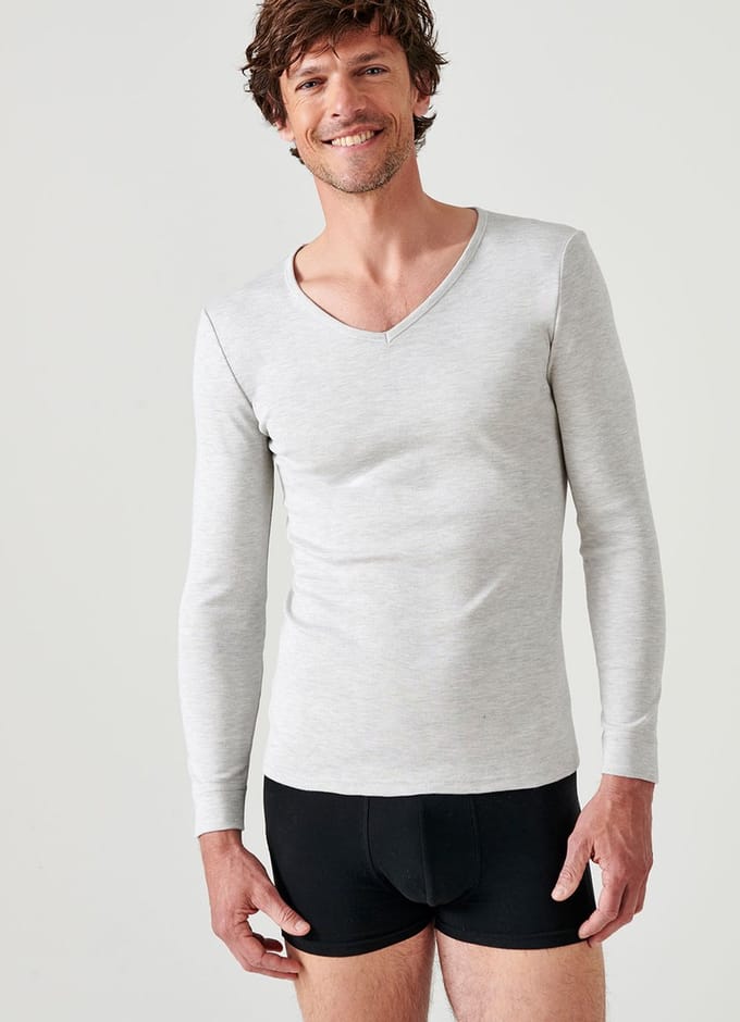 Damart - T-shirt met V-hals in interlock mesh Thermolactyl - Heren - Grijs - (94-101) M