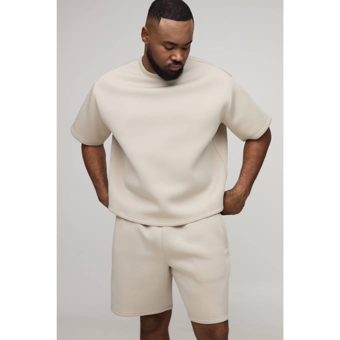 Plus Oversized Boxy Bonded Scuba T-Shirt & Relaxed Short Set | Stone | Size 5XL