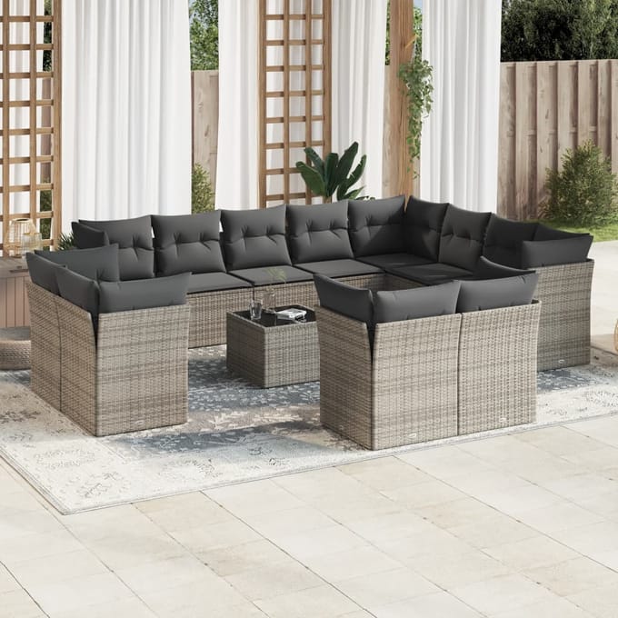 vidaXL - 13-delige - Loungeset - met - kussens - poly - rattan - grijs