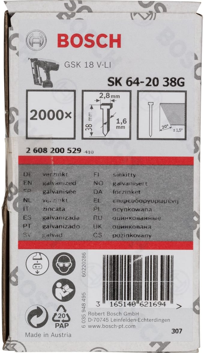 Bosch DYKKER 20GR 1.6X38MM GL 2000 STK