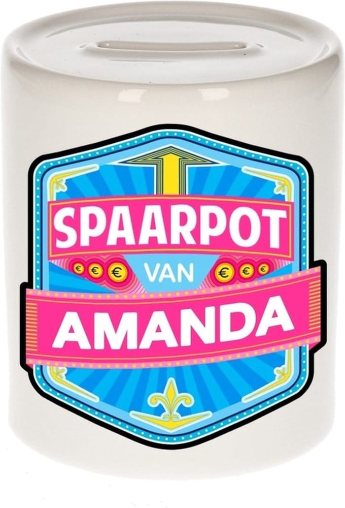 Bellatio Decorations Kinder spaarpot met naam - Amanda - keramiek - met dop - wit - Sparen - Spaargeld van Amanda
