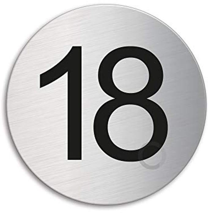 Deurnummer 18 - RVS deurplaat Ø 75 mm zelfklevend