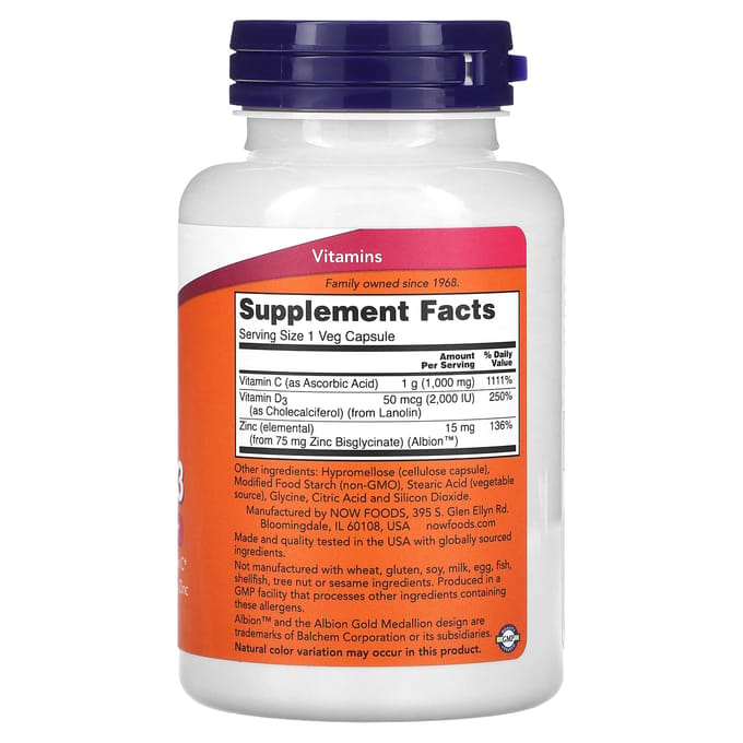 NOW Foods, C-1000 Zink & D-3, 100 Veggie Capsules