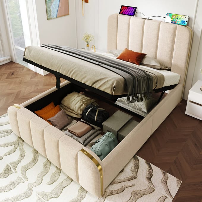Wishdor Gestoffeerd Opbergbed 90x200 cm - Hydraulisch met USB & Type-C - Linnen Beige & Goud